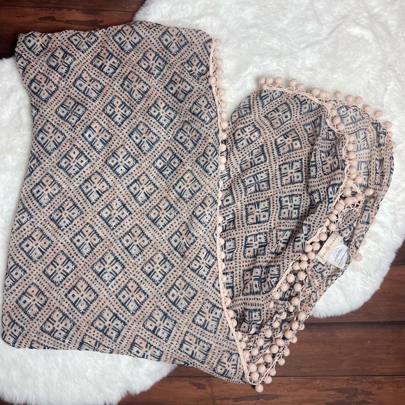 Tory‎ Burch Light Pink Blue Geometric Pom Pom Fringe Modal Cashmere Blend Scarf - Picture 1 of 7